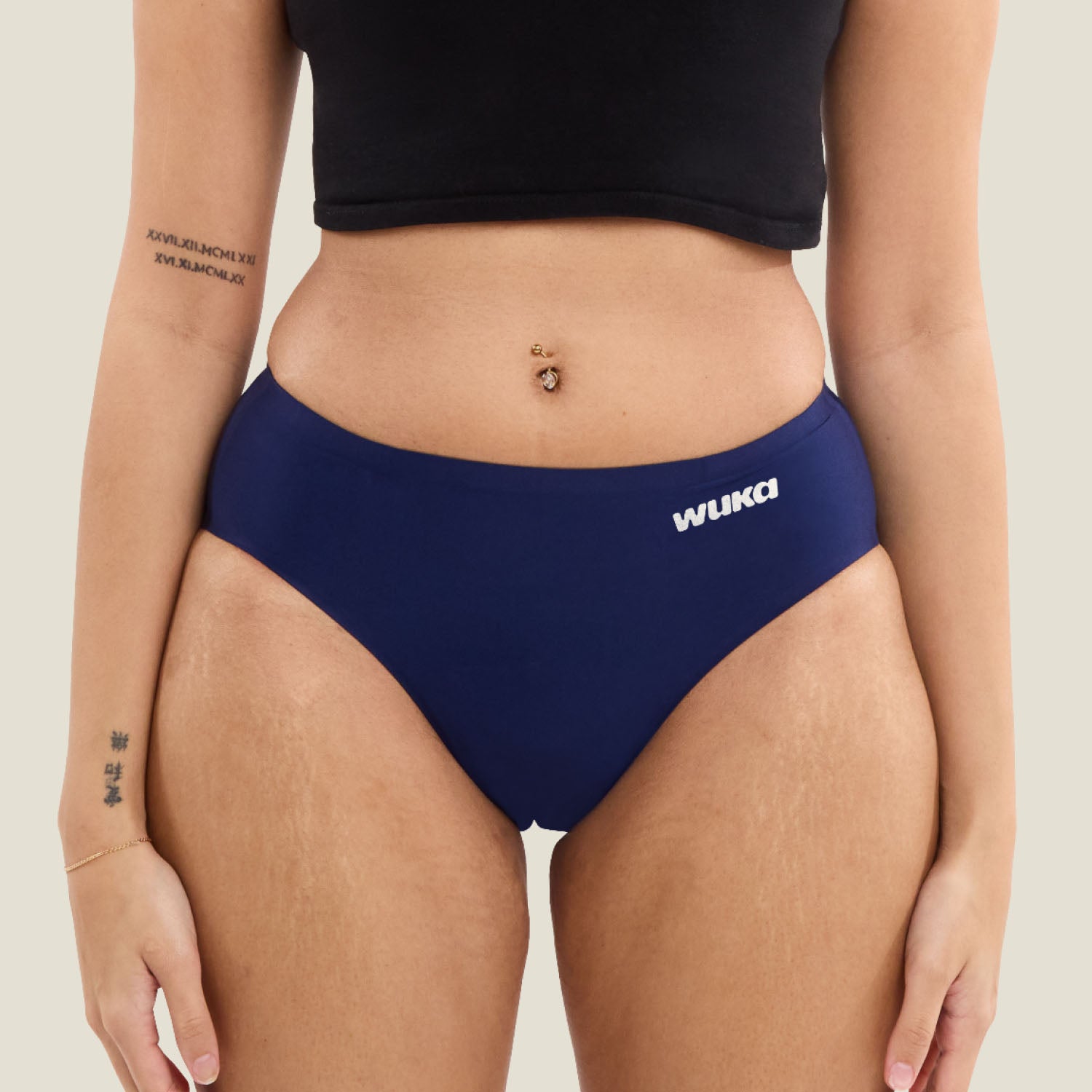 Close-up of WUKA Teen Stretch™ Seamless period underwear in navy, highlighting secure high-waisted fit and stretchable comfort for teens.