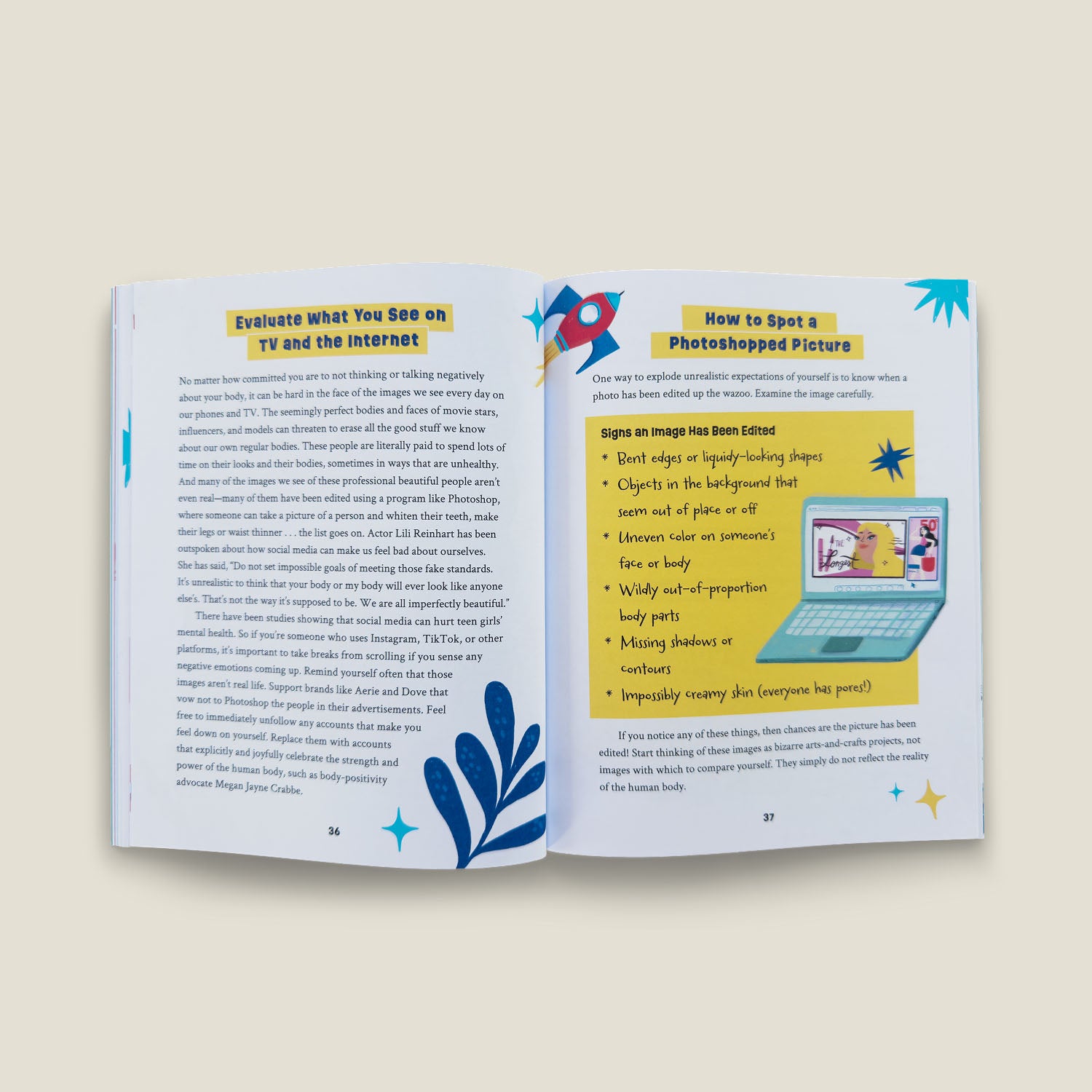 Double-page spread from "Growing Up Powerful" teaching readers how to identify photoshopped images and critically evaluate media on TV and the internet.