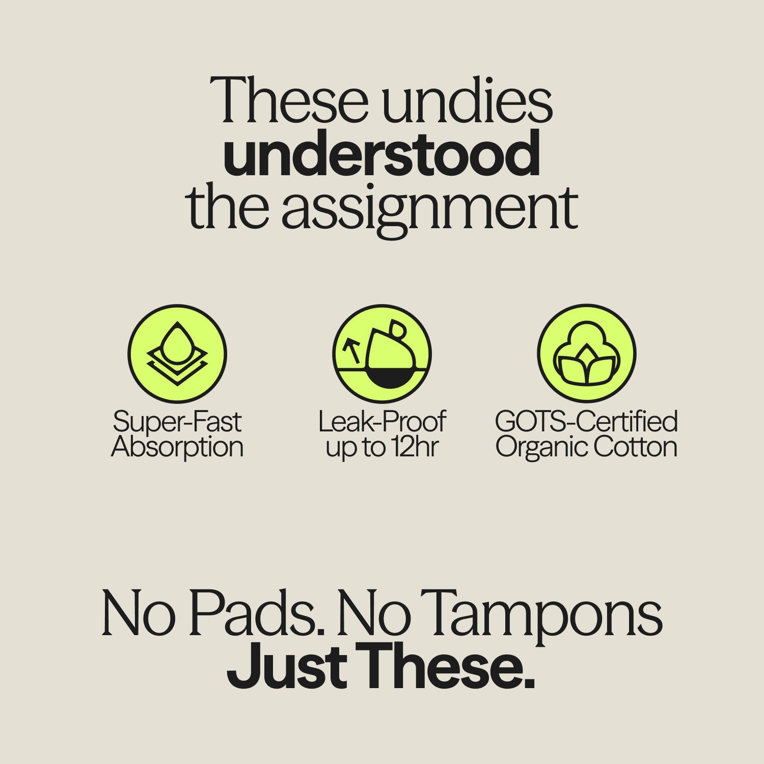 Infographic highlighting WUKA Ultimate™ Bikini Medium Flow features – Super-Fast Absorption, Leak-Proof up to 12 hours, and GOTS-Certified Organic Cotton.