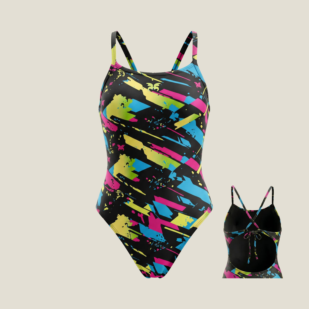 WUKA Lunafly Competition Tie-Back period swimsuit, front view — leakproof heavy flow period swimwear