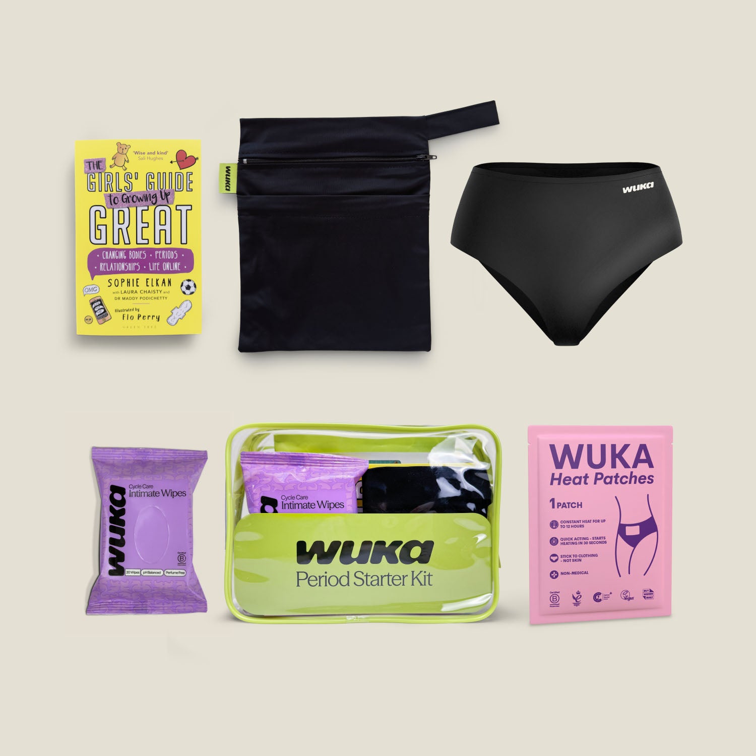 WUKA Period Starter Kit contents displayed flat lay style, including multi-size stretch period pants, a 2-pocket waterproof changing bag, a pack of intimate wipes, 'The Girls' Guide to Growing Up Great' book, a reusable heat patch, and a clear zip storage pouch. Eco-friendly essentials for first periods.