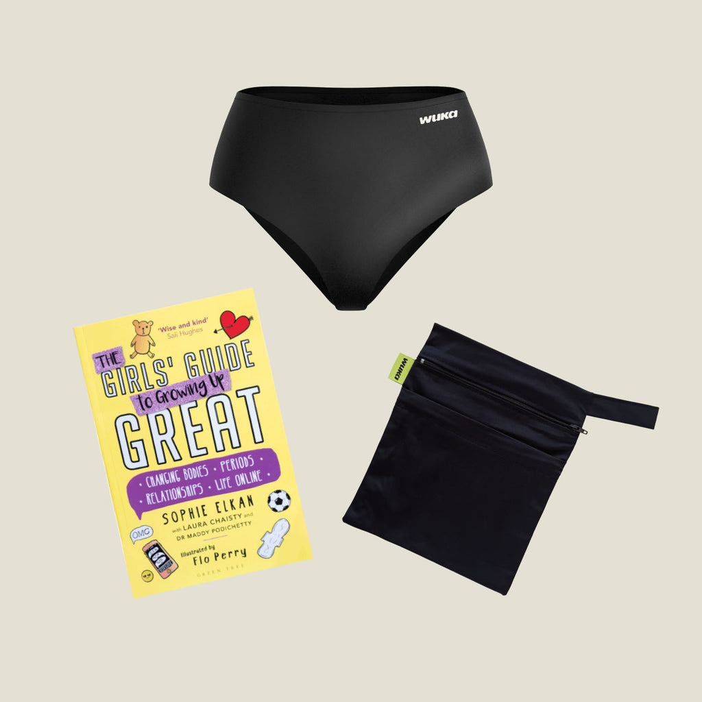 Teen First Period Pack with WUKA Stretch period pants for heavy flow, waterproof bag, and The Girls' Guide to Growing Up Great – empowering first period essentials.