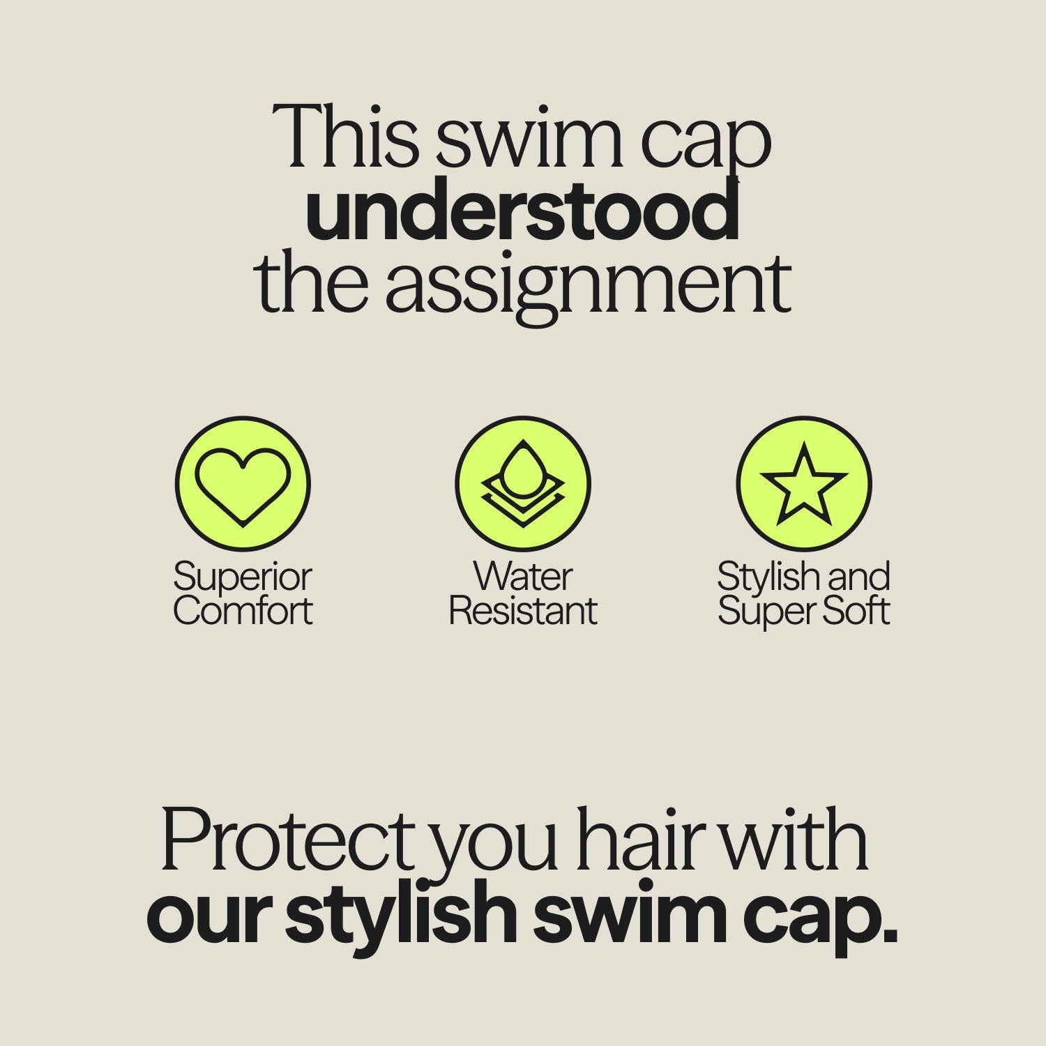 WUKA swim cap benefits graphic — comfort, waterproof silicone, super-soft fit.