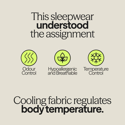 Graphic highlighting benefits of WUKA menopause sleepwear: odour control, breathable fabric, and temperature regulation.