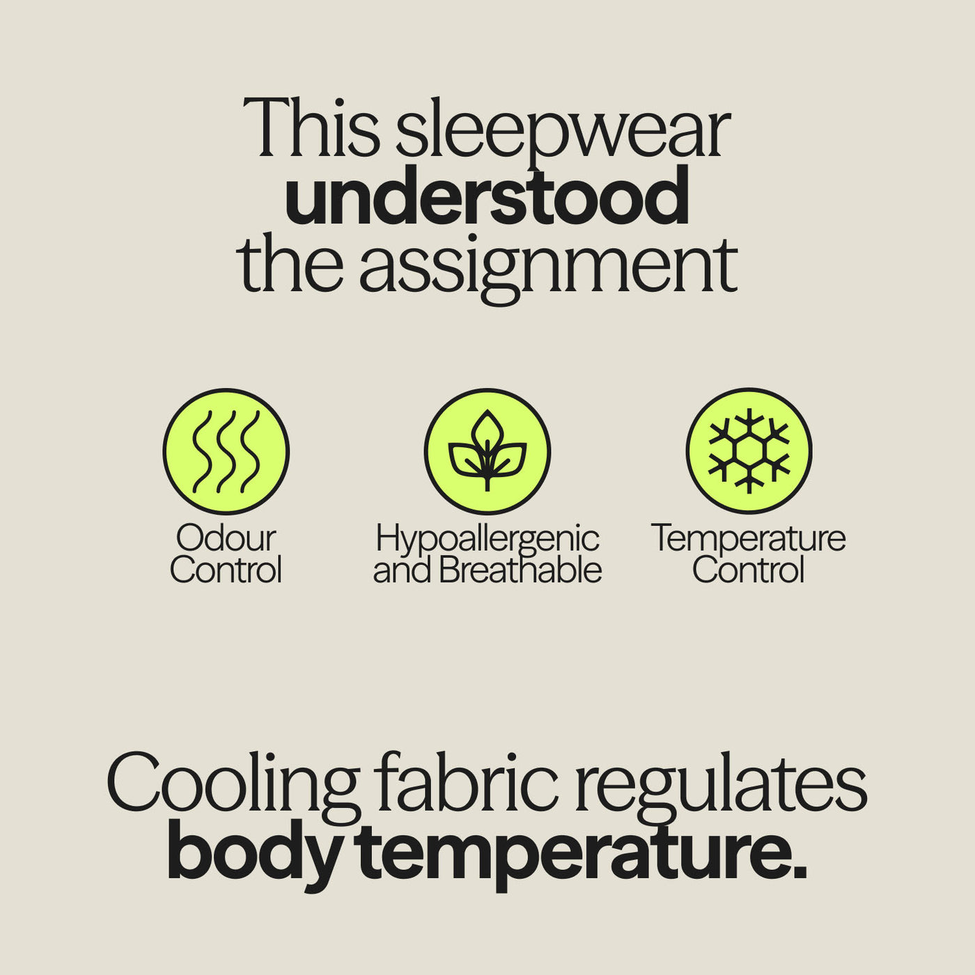 Infographic highlighting features of WUKA Menopause Sleepwear: odour control, hypoallergenic fabric, and temperature regulation.