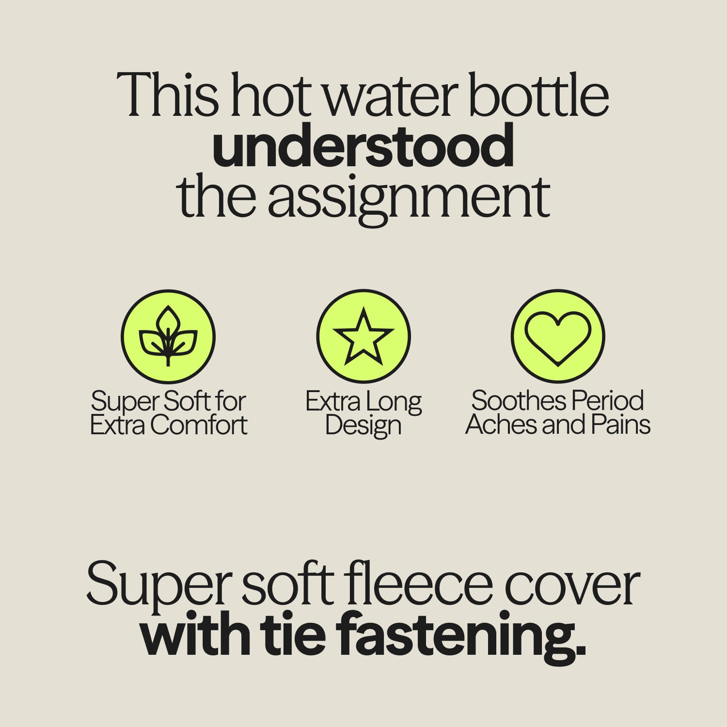 Graphic showing features of WUKA hot water bottle: extra comfort, pain relief, long design
