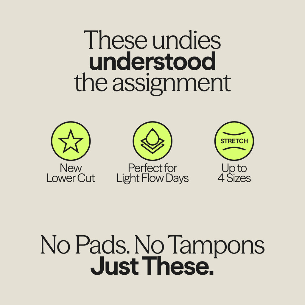Text reads: “These undies understood the assignment.” Three lime icons follow, labelled “New lower cut”, “Perfect for light flow days” and “Stretch: up to 4 sizes”. The tagline at the bottom reads “No pads. No tampons. Just these.”