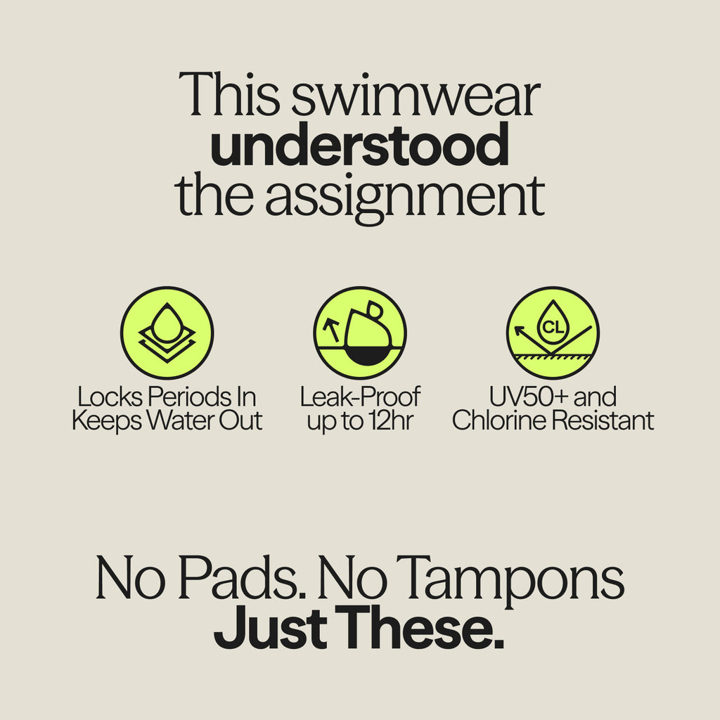 WUKA Swim Bikini Brief features: locks periods in, keeps water out, offers 12-hour leak-proof protection, and provides UV50+ chlorine-resistant fabric.
