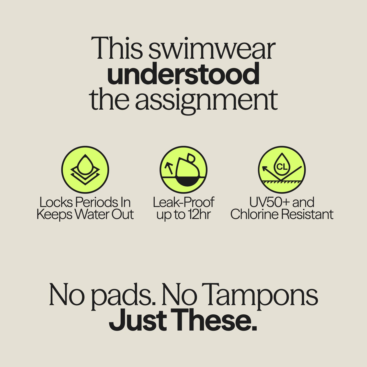 Informational graphic highlighting features of WUKA navy racerback period swimwear: leak-proof up to 12 hours, UV50+ protection, chlorine resistance, and water-locking technology.