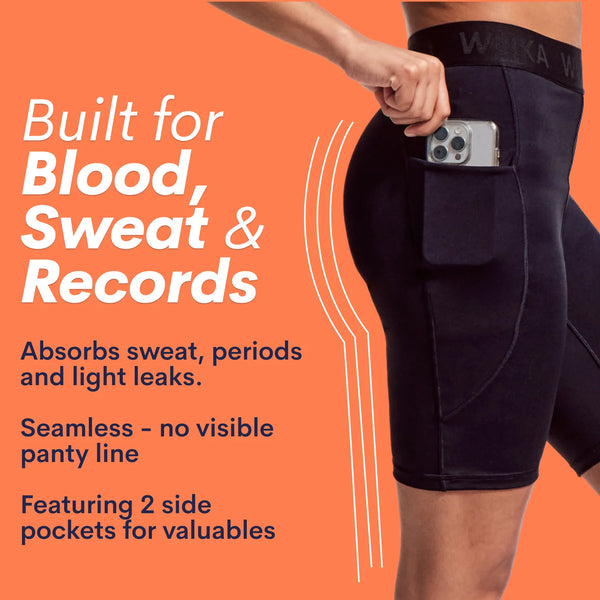 WUKA period cycling shorts - built for blood, sweat and records. Absorbs sweat, periods and light leaks. Seamless - no visible panty line. Featuring 2 side pockets for valuables
