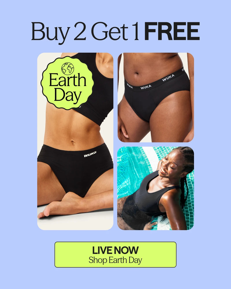 WUKA Earth Day 2026 collection banner featuring WUKA Stretch™ and Ultimate™ period pants and leak-proof swimwear. Text: Buy 2 Get 1 FREE, Shop Now. Sustainable B Corp period care designed to completely replace disposables