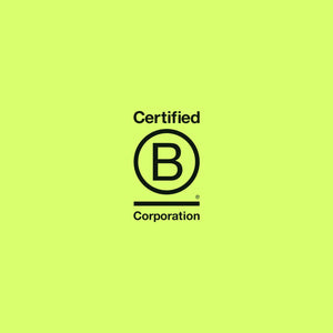 Certified B Corporation logo on neon lime punch background – highlighting WUKA as a small, ethical, female-founded business leading the way in sustainable period care for Sublime Day.