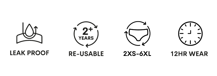 WUKA period pants are breathable and leak-proof, can be re-used for over two years, come in a range of sizes from 2X small to 6X large and can be worn for up to 12 hours depending on your flow