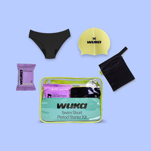 WUKA swim bikini period starter kit with period-proof swim bikini bottoms, changing bag, swim cap, pouch, and wipes on a light blue background